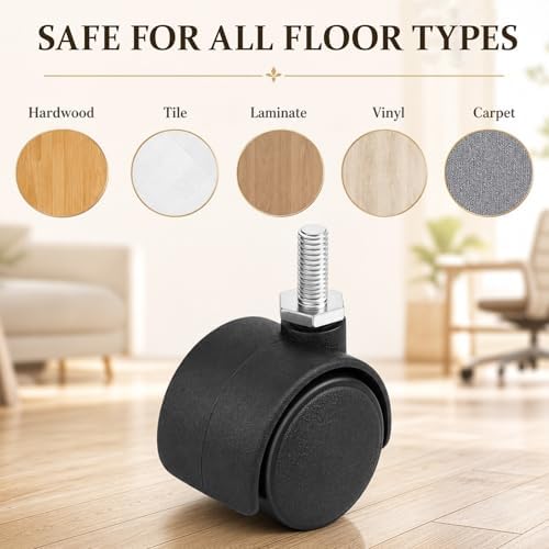 BBTO 8 Pcs 1 Inch M6 Swivel Stem Casters Wheels Replacement, M6 Threaded Stem Caster, Heavy Duty 360° Standing Desk Wheels, No Noise, Black Nylon, for Cart Furniture Table Cabinet Shelf