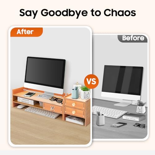 Wood Monitor Stand with Drawer, 18.9 Inch Computer Rack with Lockable Drawer and Phone Holder for Office Home Desk Organizer