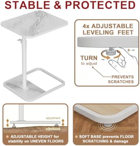 GOYLSER Large C Shaped Tv Trays Living Room End Table End Stand, White Marble Minimalist Wooden C Table for Sofa, Height Adjustable Tv Tray Tables Side Table for Dinner Eating