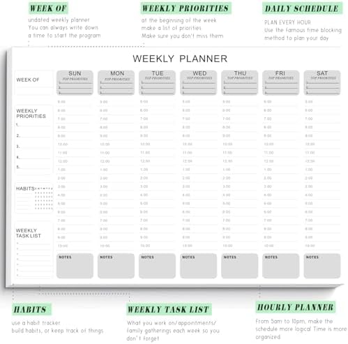 Undated Weekly Hourly Planner Notepad, Tear-Off ADHD Planner,Weekly Planner,Weekly Schedule Planner,Weekly To Do List Notepad(52 Sheets,8.5"x11",Minimalist)