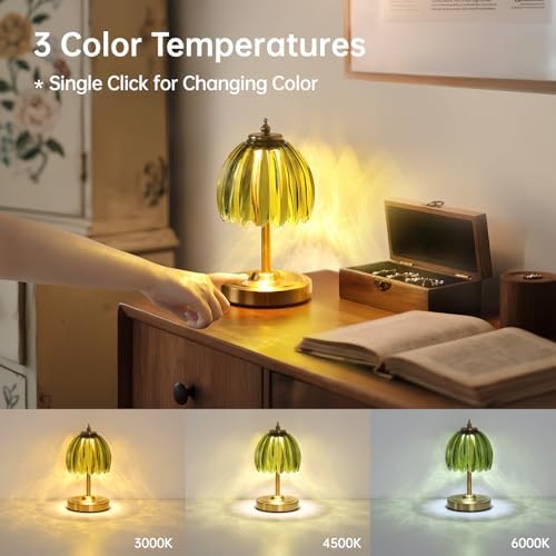 Shenmoyl Set of 2 Tulip Table Lamp with 5200mAh Battery & Touch Control, Cordless Small Table Lamp with 3 Colors, Rechargeable Battery Operated Table Lamps for Nightstand, Bedroom (Green Tulip)