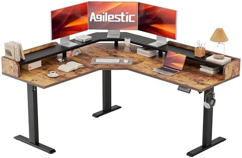 Agilestic 63 Inch L Shaped Electric Standing Desk with Shelf, Rustic Brown