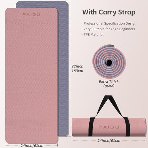 PAIDU Yoga Mat 8mm TPE Non‑Slip Fitness Mat with Strap for Home Workouts