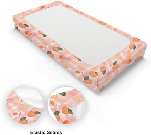 Summer Peaches Leaves Checkered Pattern Baby Changing Pad Cover, Unisex Fruits Nursery Diaper Changing Table Pad Mat Sheet for Boys Girls-16x32
