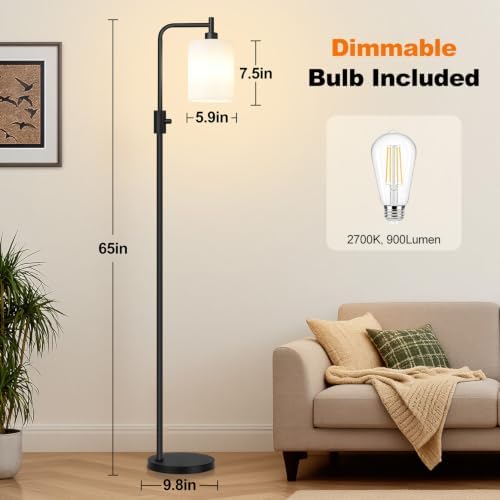 【Upgraded】 Dimmable Floor Lamp for Living Room with Opal Glass Lampshade, Black Modern Glass Floor Lamp with 900LM LED Bulb Included, Arc Standing Tall Lamp for Bedroom, Office, Reading Room, Corner