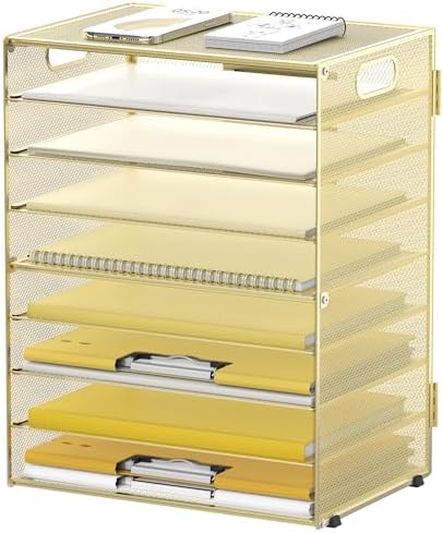 9-Tier Paper Organizer for Desk, Metal Mesh Letter Tray with Handles, Gold