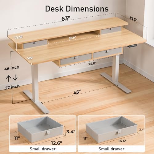 63 x 30 Inch Electric Standing Desk with 4 Drawers, Natural