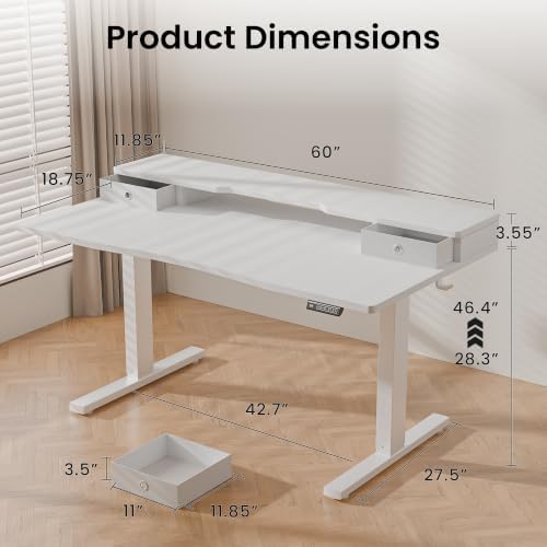 Realbear 60x30 Inch Electric Standing Desk with Drawers, White