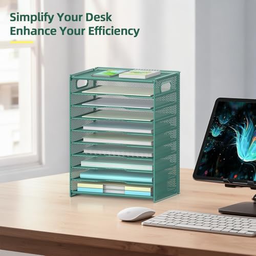 OUTWOLF 10 Tier Paper Organizer - Letter Tray Mesh Desk File Organizer with Handles for Office School Desktop, Green