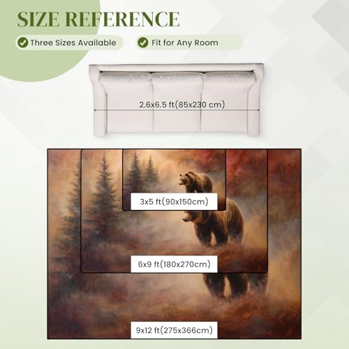 Serene Bear Among Pine Trees Ethereal Misty Landscape Area Rug Outdoor Patio Rug Play Mat Modern Floor Carpet Non-Slip Home Decor Living Room Kids Bedroom Nursery, 9x12 ft