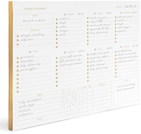 BLU MONACO | Undated Weekly Planner Notepad | Gold Edge Desk Pad 8.5 x 11 with Tear Off Sheets | Weekly Planner with To Do List for Work Desk Organization