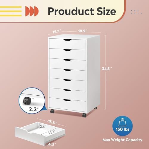 DEVAISE 7-Drawer Office File Cabinets, Mobile Craft Storage Cabinet, White
