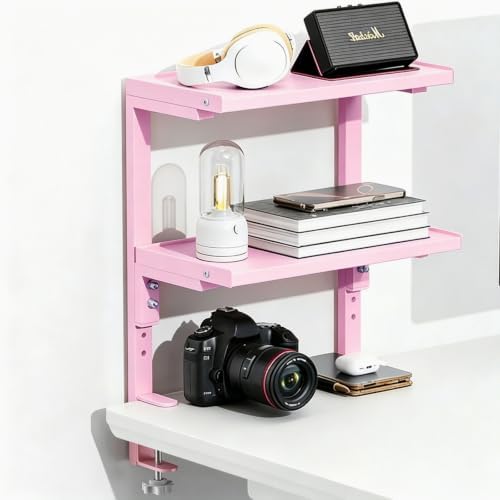 Spacrea Clamp on Desk Shelf, 2 Tier Office Desk Shelves Organizer, Wood Desktop Supplies Storage Rack, Desk Organizers and Accessories (Pink)