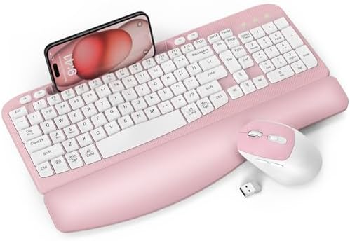 Wireless Keyboard and Mouse Combo, Full-Sized Ergonomic Wave Keys Keyboard with Memory Foam Wrist Rest & Phone Holder, 2.4G Quiet Keyboard Mouse Work Setup for PC Laptop, Office or Home (Pink)