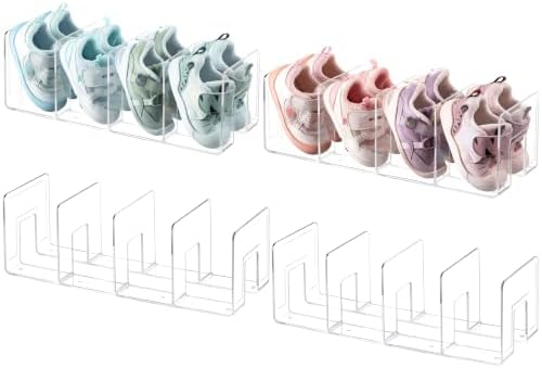 HBlife Widened 3.94 Inch Clear Acrylic Kids Shoe Rack for Closet Organizers and Storage, Small Shoe Rack 4 Sections Toddler Baby Shoe Storage Organizer Shelf, Desk File Book Purse Organizer (4 Pack)