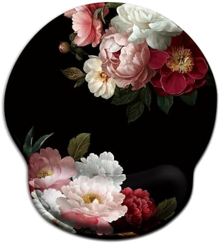 LIMKRIAN Black Flower Ergonomic Mouse Pad with Wrist Rest, 9.8 x 8.6 in
