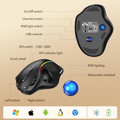 TECKNET Wireless Trackball Mouse, Bluetooth Mouse with Ergonomic, Black
