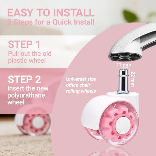 Pink Office Chair Wheels, 2 Inch Heavy-Duty Rubber Wheels for Office Chair, Computer Gaming Desk Chair Wheels-Set of 5, Smooth Rolling for Hardwood Carpet Tile Floors, 11 * 22mm Universal fit