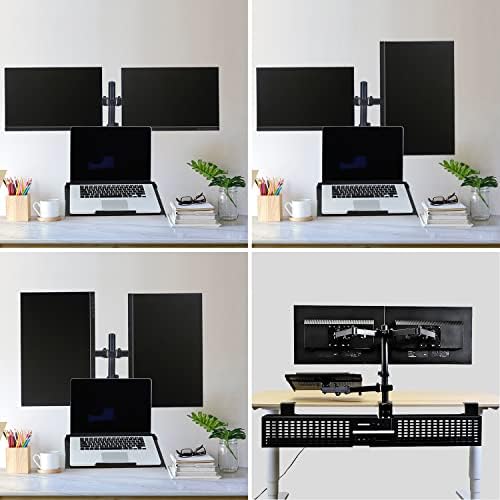 AEONS Dual Monitor and Laptop Desk Mount Combo Stand with Notebook Tray fits 17 inch, 3-in-1 Adjustable Triple Arm Mount fits 27 inch LCD Screen with VESA, Clamp and Cable Management, Black