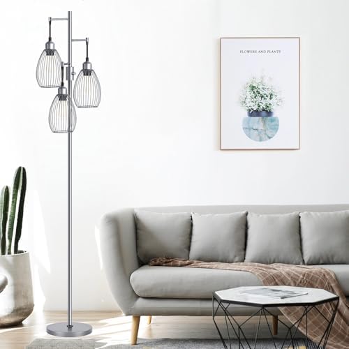 Nintiue Dimmable Floor Lamp, 3 x 800LM LED Edison Bulbs Included, Industrial Floor Lamp Standing Tree Lamp with Elegant Teardrop Cage Heads Tall Lamps for Living Room Bedroom-Grey