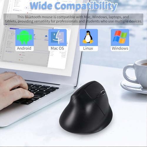 Bluetooth Wireless Vertical Mouse - Ergonomic Design, Rechargeable with Type-C, Silent Operation for Office and Home Use, Ideal for Professionals & Students (Black)