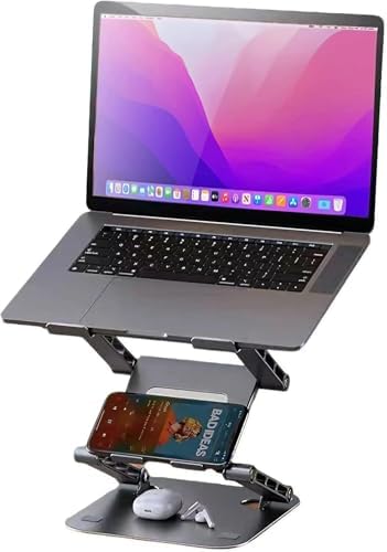Adjustable Laptop Stand with 360°,3-Tier Ergonimic Foldable Sitting/Standing Laptop Riser for Desk Compatible Rotating Base
