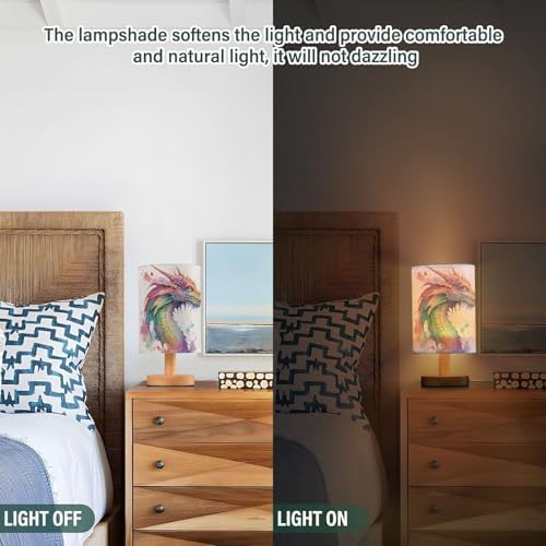 Bedside Lamp Watercolor Dragon Table Lamp for Bedroom LED Nightstand Lamp Shade USB Ports Wood Base for Living Room Dorm Office