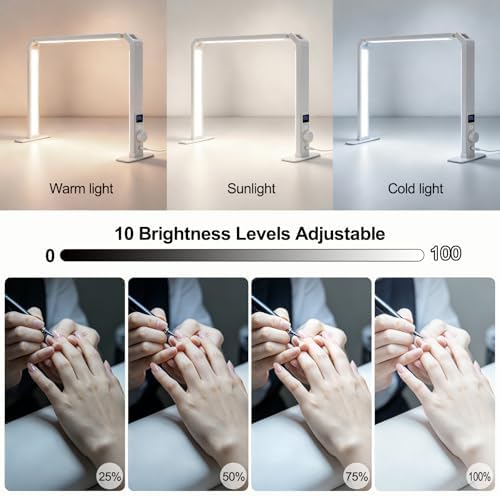 Nail Desk Lamp, Dual Brightness Mode LED Light for Nails Tech, Folding & Anti-Glaring Table Lamp, Shadow-Free Light for Desk with 3 Color Temperature, Adjustable Brightness, Silver