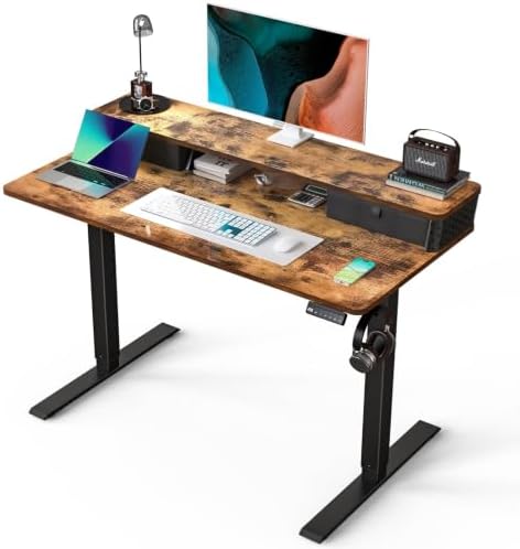 Kingant 48x24 Inch Electric Standing Desk with Dual Drawers, Rustic Brown