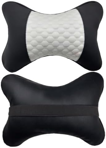 Car Neck Pillows Both Side Pu Leather 2pieces Pack Headrest Fit for Most Cars Filled Fiber Universal Car Pillow (White)