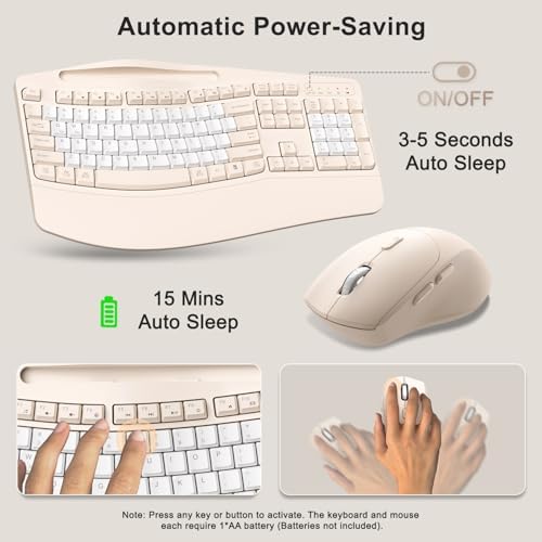 Wireless Keyboard and Mouse Combo, Ergonomic Wave Keys(Milk Tea-B)