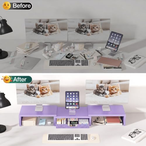 OPNICE Dual Computer Monitor Stand Riser, Desk Organizer with Drawer, Office Desk Accessories & Workspace Organizers for Home Office Supplies, Purple