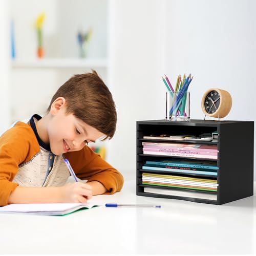 Bamjoy Wood 5 Tier Desktop Organizer, Paper Organizer Mail Sorter, File Holder Letter Document Storage with Adjustable Shelves for School Home Office, Black