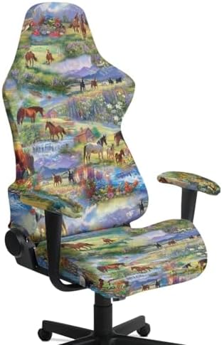 Horse Print Gaming Chair Cover with Armrest Covers Stretchable Breathable Furniture Protector Universal Reclining Racing Gaming Chair