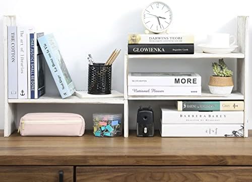 MyGift Adjustable Whitewashed Solid Wood Desktop Storage Organizer Display Shelf Book Rack, Office Desk Bookshelf