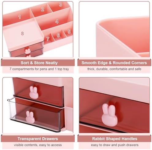Meiikun Desk Organizer, Makeup Organizer with 2 Drawers, 7 Compartment & a Top Tray, Desktop Organizers and Storage for Women, Cute Home organization Bathroom, 11" x 5.7" x 4.7" (Pink)