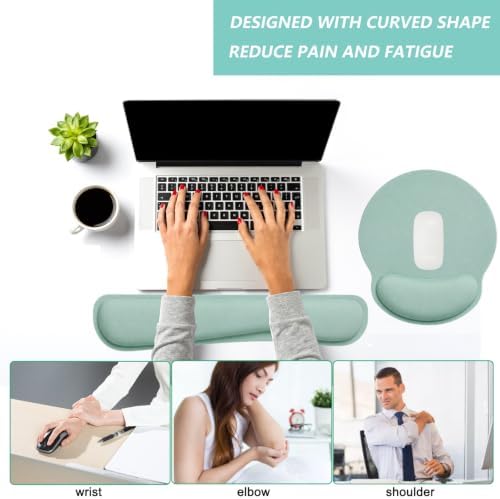 Keyboard Wrist Rest Pad Mouse Pad with Wrist Support Set of 3, Mousepad with Non-Slip Rubber Base, Ergonomic Memory Foam Mouse Wrist Cushion Support for Home Office Laptop Computer, Green