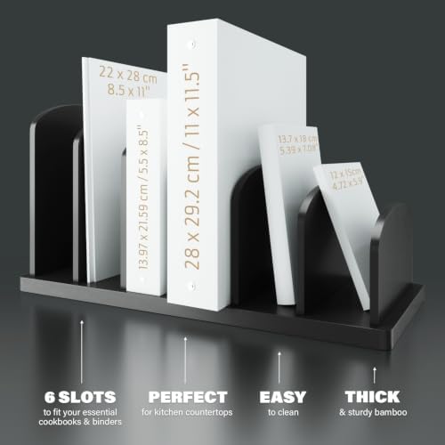 Cook Book Organizer, 6 Sections, Recipe Book Holder Rack, Tabletop Stand for Convenient Cookbook Storage, Vertical Cook Book Stand Kitchen, Binder Holder for Desk & Countertop (Black)