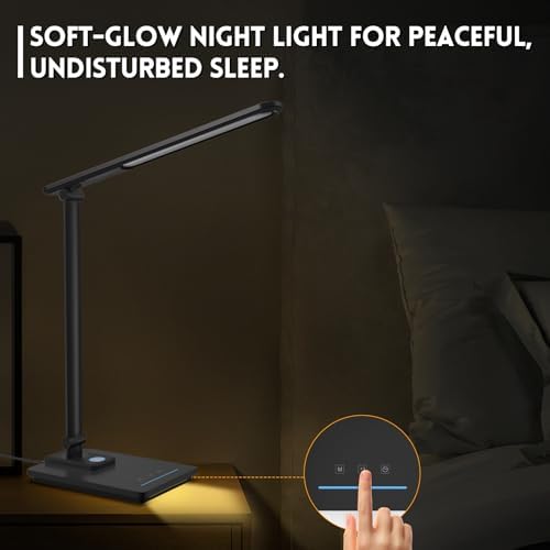 LED Desk Lamp for Home Office, USB Charging Port, Reading Desk Light with 5 Color Temperatures, Stepless Dimming, Table Lamp with Timer, Night Light, Foldable Desk Lamp for College Dorm Room (Black)