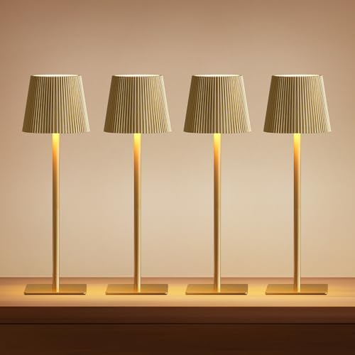 LUTEC 4 Pack Cordless Table Lamp,6000mAh Rechargeable Battery Operated Desk Lamp,Two Adjustable Heights,Waterproof, Touch Control & 3 Color Stepless Dimming for Restaurant/Bedroom/Bars/Outdoor (Gold)