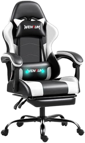 Gaming Chair with Footrest for Adults, PU Leather Massage Racing Video Game Chair with Lumbar Support for Men Women, Ergonomic Computer Gamer Chair for Home Office, Height Adjustable, White