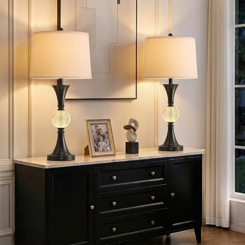 Oneach 28.5" Black Table Lamps Set of 2, Tall Luxury Bedside Lamps with Night Light, USB A+C Charging Ports, Elegant Metal Nightstand Lamps for Bedroom Office End Table Decoration