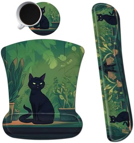 3Pcs Ergonomic Memory Foam Keyboard Wrist Rest Pad Set, Black Cat Leaf