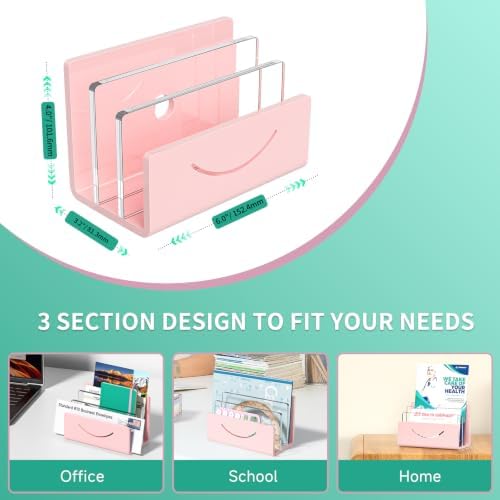 Mail Organizer Envelope Holder - 3 Compartments Pink Acrylic Mail Holder Countertop Home Office Desk Organizer Small File Sorter Vertical Bill Letter Paper Document Storage Rack