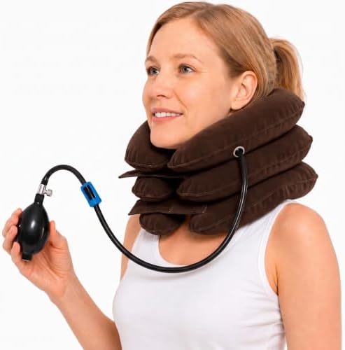 Neck Stretcher for Instant Neck Pain Relief - Neck Support Brace Adjustable & Inflatable Cervical Neck Traction Device - Neck Decompression Devices for Home Use (Brown)