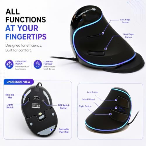 J-Tech Digital Wired Ergonomic Vertical USB Mouse with Adjustable Sensitivity (600/1000/1600 DPI), Scroll Endurance, Removable Palm Rest & Thumb Buttons [V628]