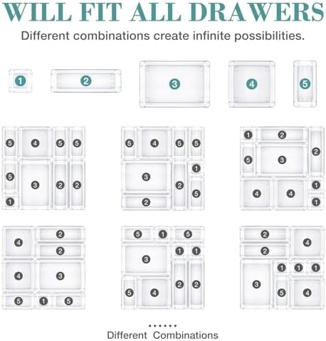 16 PCS Drawer Organizer Set, 5 Size Bathroom and kitchen organizer Trays
