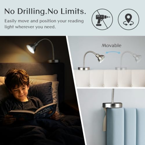 Solfres Patented Innovative Design Headboard Reading Light. No Drilling Golden Book Light for Bedtime Reading. Dimmable LED Book Reading Lamp with Bulb. Movable & Flexible, Silver