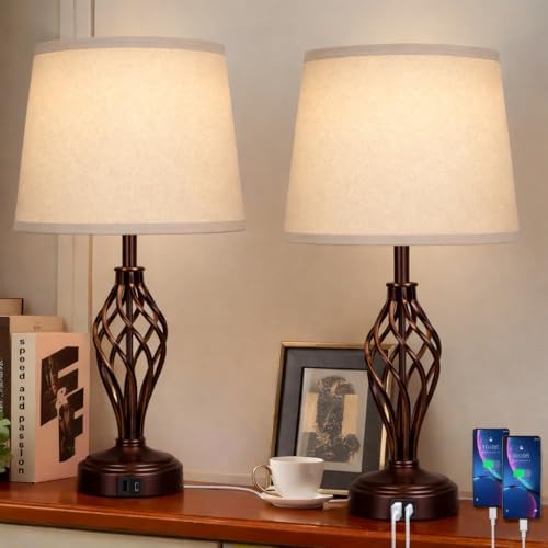 Ruiever Touch Table Lamps Set of 2, nightstand lamp with USB Ports Bedside 3 Way Touch dimmer Desk lamp for Living Room Bedroom,Brown Painted Spiral cage Base Design Warm White dimmer Bulbs Included.