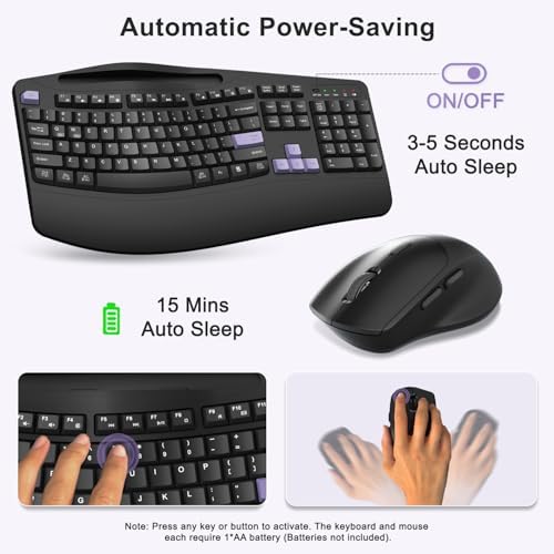 Wireless Keyboard and Mouse Combo, Full Size Ergonomic Wave Keys(Purple-B)